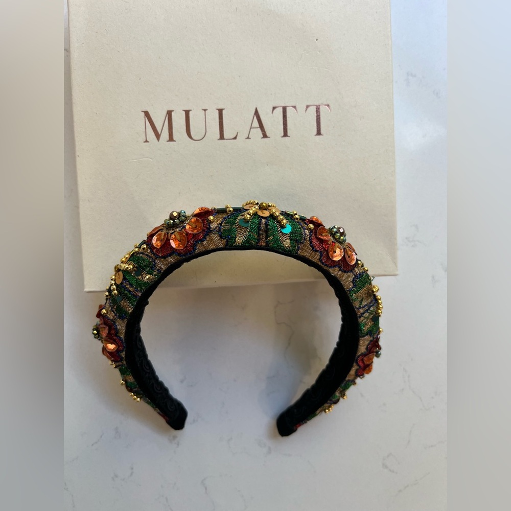 Handmade Embellished Floral Headband - Gold Green Orange